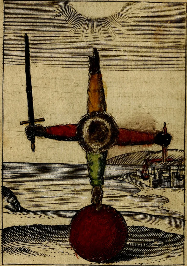 An illustration from Emblemes nouveaux; esquels le cours de ce monde est depeint et representé par certaines figures, desquelles le sens est expliqué par rimes ... Premieremente en allemand & maintenent en françois .., 1617, leaf 77