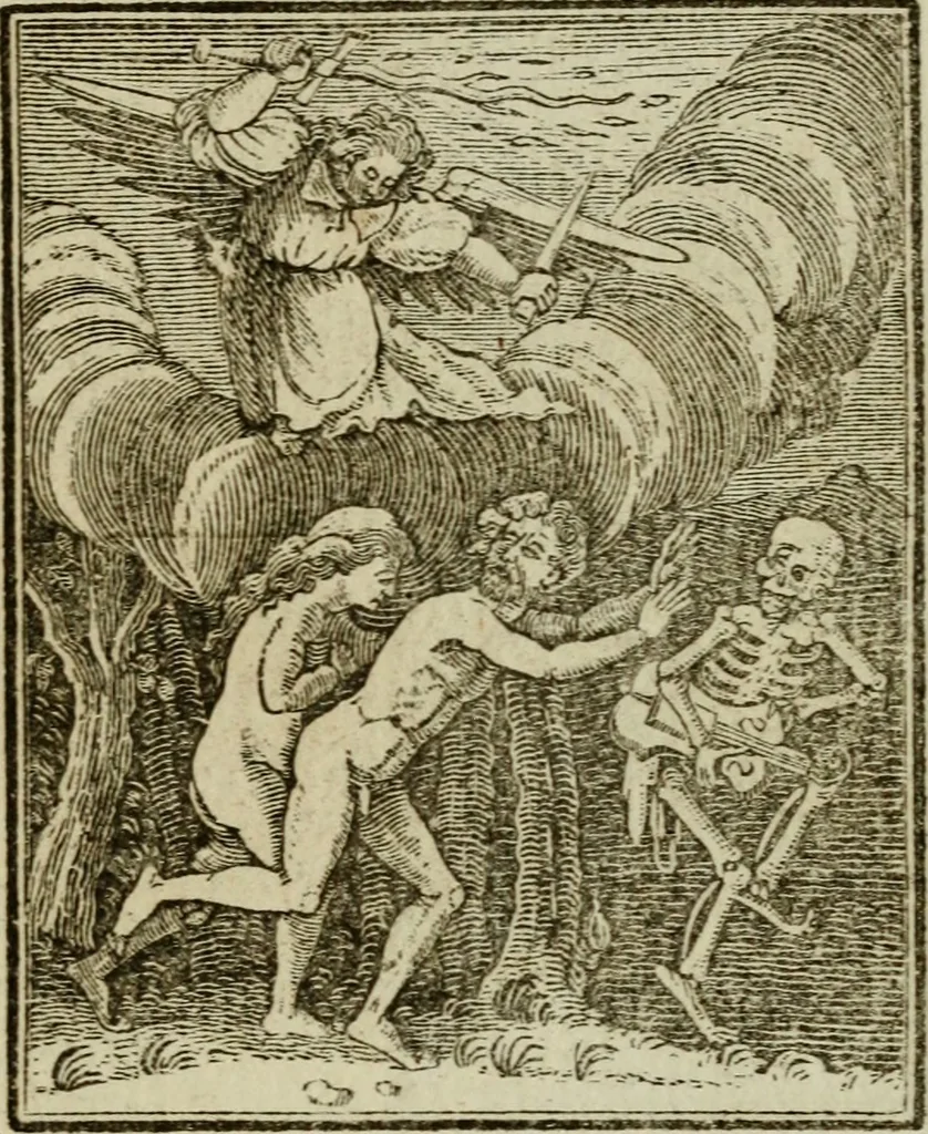 An illustration from Emblems of mortality : representing, in upwards of fifty cuts, Death seizing all ranks and degrees of people : imitated from a painting in the cemetery of the Dominican church at Basil, in Switzerland : with an apostrophe to each, translated from the Latin and French : intended as well for the infomation of the curious, as the instruction and entertainment of youth : to which is prefixed a copious preface, containing an historical account of the above, and other paintings on this subject, now or lately existing in divers parts of Europe, 1789, leaf 42