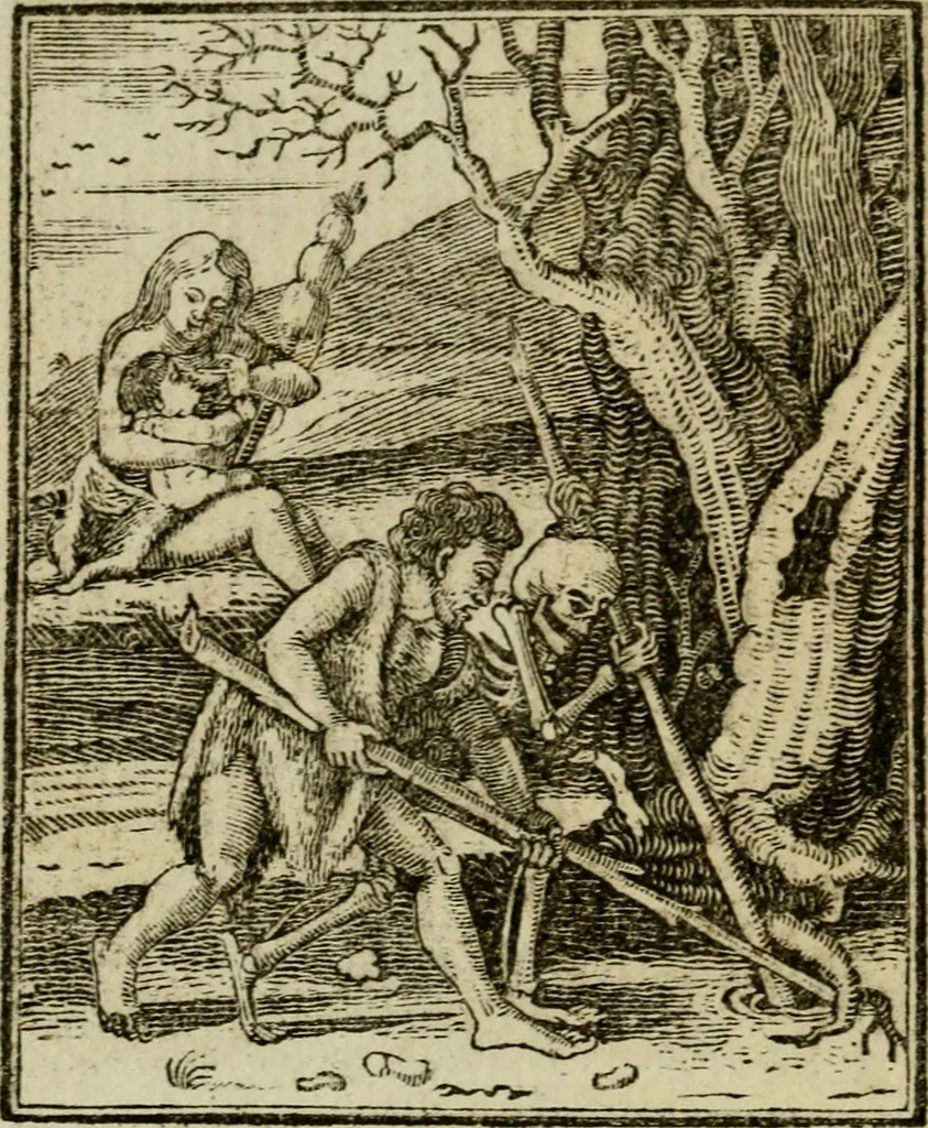 An illustration from Emblems of mortality : representing, in upwards of fifty cuts, Death seizing all ranks and degrees of people : imitated from a painting in the cemetery of the Dominican church at Basil, in Switzerland : with an apostrophe to each, translated from the Latin and French : intended as well for the infomation of the curious, as the instruction and entertainment of youth : to which is prefixed a copious preface, containing an historical account of the above, and other paintings on this subject, now or lately existing in divers parts of Europe, 1789, leaf 43