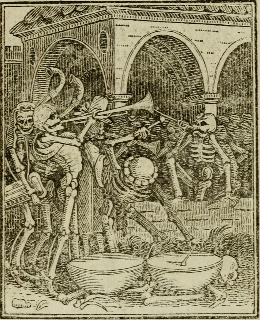 An illustration from Emblems of mortality : representing, in upwards of fifty cuts, Death seizing all ranks and degrees of people : imitated from a painting in the cemetery of the Dominican church at Basil, in Switzerland : with an apostrophe to each, translated from the Latin and French : intended as well for the infomation of the curious, as the instruction and entertainment of youth : to which is prefixed a copious preface, containing an historical account of the above, and other paintings on this subject, now or lately existing in divers parts of Europe, 1789, leaf 44