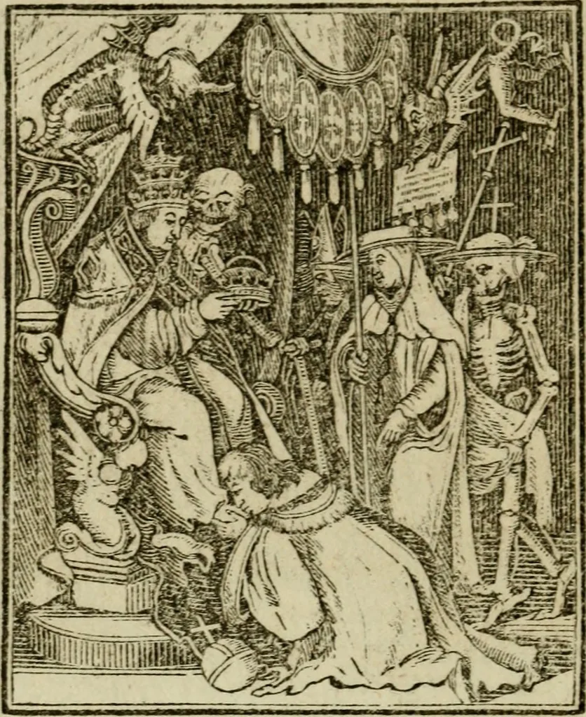 An illustration from Emblems of mortality : representing, in upwards of fifty cuts, Death seizing all ranks and degrees of people : imitated from a painting in the cemetery of the Dominican church at Basil, in Switzerland : with an apostrophe to each, translated from the Latin and French : intended as well for the infomation of the curious, as the instruction and entertainment of youth : to which is prefixed a copious preface, containing an historical account of the above, and other paintings on this subject, now or lately existing in divers parts of Europe, 1789, leaf 45
