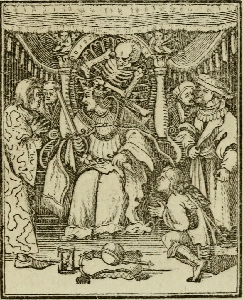 An illustration from Emblems of mortality : representing, in upwards of fifty cuts, Death seizing all ranks and degrees of people : imitated from a painting in the cemetery of the Dominican church at Basil, in Switzerland : with an apostrophe to each, translated from the Latin and French : intended as well for the infomation of the curious, as the instruction and entertainment of youth : to which is prefixed a copious preface, containing an historical account of the above, and other paintings on this subject, now or lately existing in divers parts of Europe, 1789, leaf 46