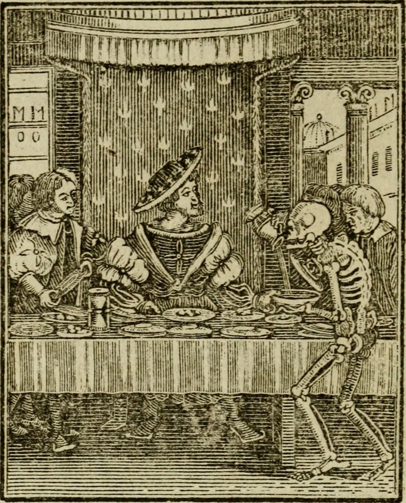 An illustration from Emblems of mortality : representing, in upwards of fifty cuts, Death seizing all ranks and degrees of people : imitated from a painting in the cemetery of the Dominican church at Basil, in Switzerland : with an apostrophe to each, translated from the Latin and French : intended as well for the infomation of the curious, as the instruction and entertainment of youth : to which is prefixed a copious preface, containing an historical account of the above, and other paintings on this subject, now or lately existing in divers parts of Europe, 1789, leaf 47