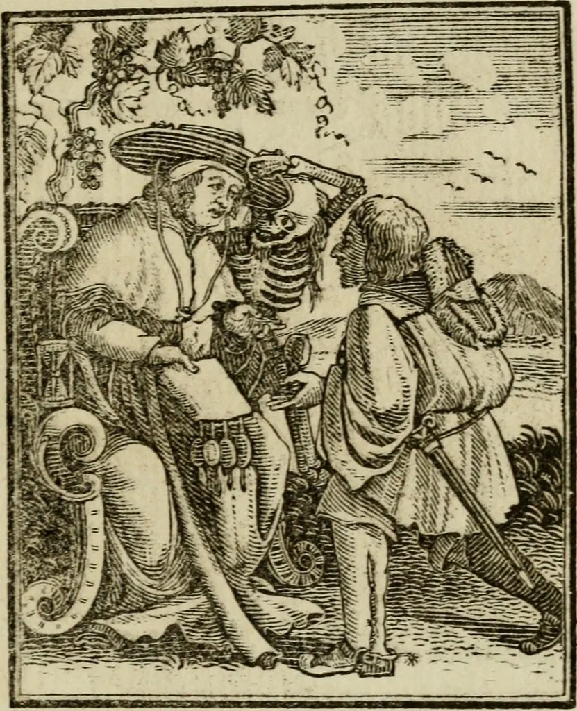 An illustration from Emblems of mortality : representing, in upwards of fifty cuts, Death seizing all ranks and degrees of people : imitated from a painting in the cemetery of the Dominican church at Basil, in Switzerland : with an apostrophe to each, translated from the Latin and French : intended as well for the infomation of the curious, as the instruction and entertainment of youth : to which is prefixed a copious preface, containing an historical account of the above, and other paintings on this subject, now or lately existing in divers parts of Europe, 1789, leaf 48