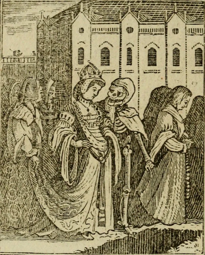 An illustration from Emblems of mortality : representing, in upwards of fifty cuts, Death seizing all ranks and degrees of people : imitated from a painting in the cemetery of the Dominican church at Basil, in Switzerland : with an apostrophe to each, translated from the Latin and French : intended as well for the infomation of the curious, as the instruction and entertainment of youth : to which is prefixed a copious preface, containing an historical account of the above, and other paintings on this subject, now or lately existing in divers parts of Europe, 1789, leaf 49
