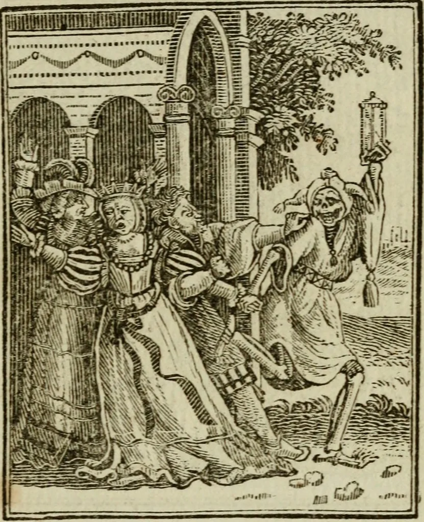 An illustration from Emblems of mortality : representing, in upwards of fifty cuts, Death seizing all ranks and degrees of people : imitated from a painting in the cemetery of the Dominican church at Basil, in Switzerland : with an apostrophe to each, translated from the Latin and French : intended as well for the infomation of the curious, as the instruction and entertainment of youth : to which is prefixed a copious preface, containing an historical account of the above, and other paintings on this subject, now or lately existing in divers parts of Europe, 1789, leaf 50