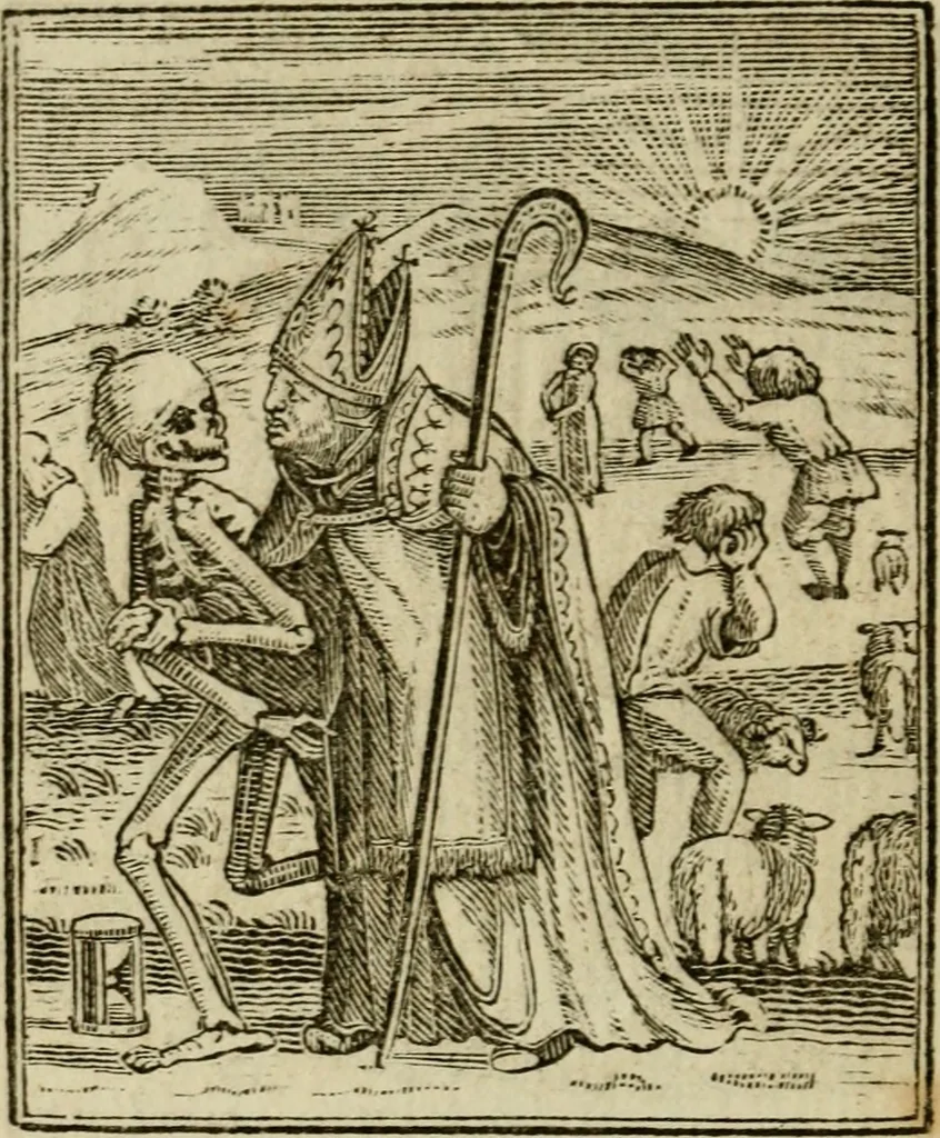 An illustration from Emblems of mortality : representing, in upwards of fifty cuts, Death seizing all ranks and degrees of people : imitated from a painting in the cemetery of the Dominican church at Basil, in Switzerland : with an apostrophe to each, translated from the Latin and French : intended as well for the infomation of the curious, as the instruction and entertainment of youth : to which is prefixed a copious preface, containing an historical account of the above, and other paintings on this subject, now or lately existing in divers parts of Europe, 1789, leaf 51