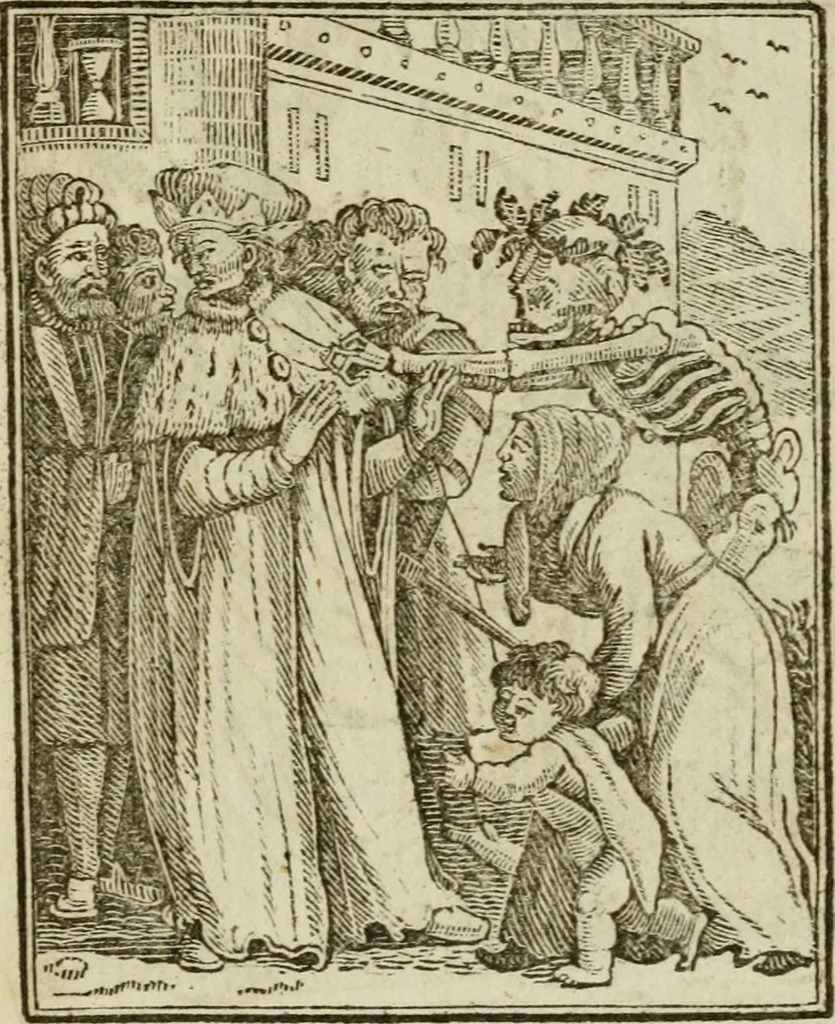An illustration from Emblems of mortality : representing, in upwards of fifty cuts, Death seizing all ranks and degrees of people : imitated from a painting in the cemetery of the Dominican church at Basil, in Switzerland : with an apostrophe to each, translated from the Latin and French : intended as well for the infomation of the curious, as the instruction and entertainment of youth : to which is prefixed a copious preface, containing an historical account of the above, and other paintings on this subject, now or lately existing in divers parts of Europe, 1789, leaf 52