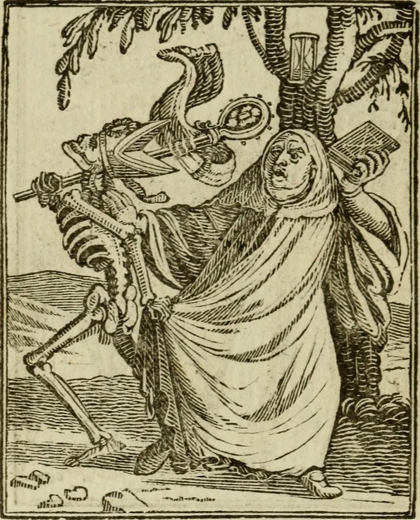 An illustration from Emblems of mortality : representing, in upwards of fifty cuts, Death seizing all ranks and degrees of people : imitated from a painting in the cemetery of the Dominican church at Basil, in Switzerland : with an apostrophe to each, translated from the Latin and French : intended as well for the infomation of the curious, as the instruction and entertainment of youth : to which is prefixed a copious preface, containing an historical account of the above, and other paintings on this subject, now or lately existing in divers parts of Europe, 1789, leaf 53