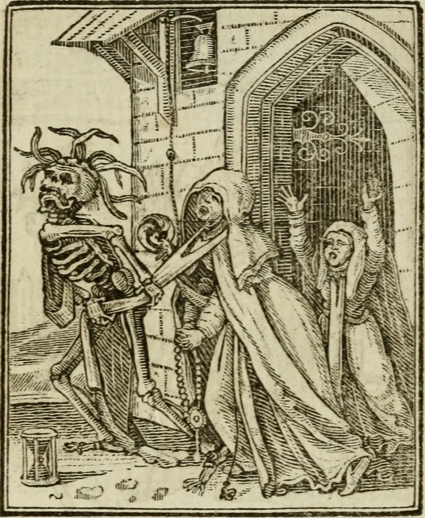 An illustration from Emblems of mortality : representing, in upwards of fifty cuts, Death seizing all ranks and degrees of people : imitated from a painting in the cemetery of the Dominican church at Basil, in Switzerland : with an apostrophe to each, translated from the Latin and French : intended as well for the infomation of the curious, as the instruction and entertainment of youth : to which is prefixed a copious preface, containing an historical account of the above, and other paintings on this subject, now or lately existing in divers parts of Europe, 1789, leaf 54