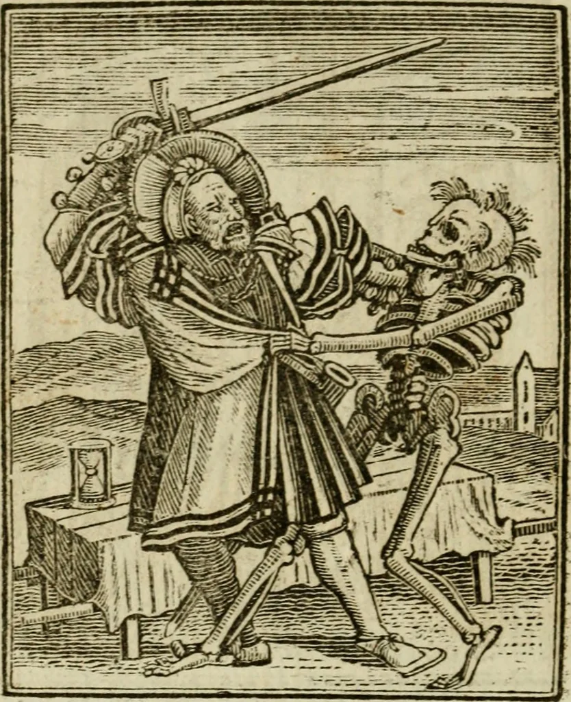 An illustration from Emblems of mortality : representing, in upwards of fifty cuts, Death seizing all ranks and degrees of people : imitated from a painting in the cemetery of the Dominican church at Basil, in Switzerland : with an apostrophe to each, translated from the Latin and French : intended as well for the infomation of the curious, as the instruction and entertainment of youth : to which is prefixed a copious preface, containing an historical account of the above, and other paintings on this subject, now or lately existing in divers parts of Europe, 1789, leaf 55