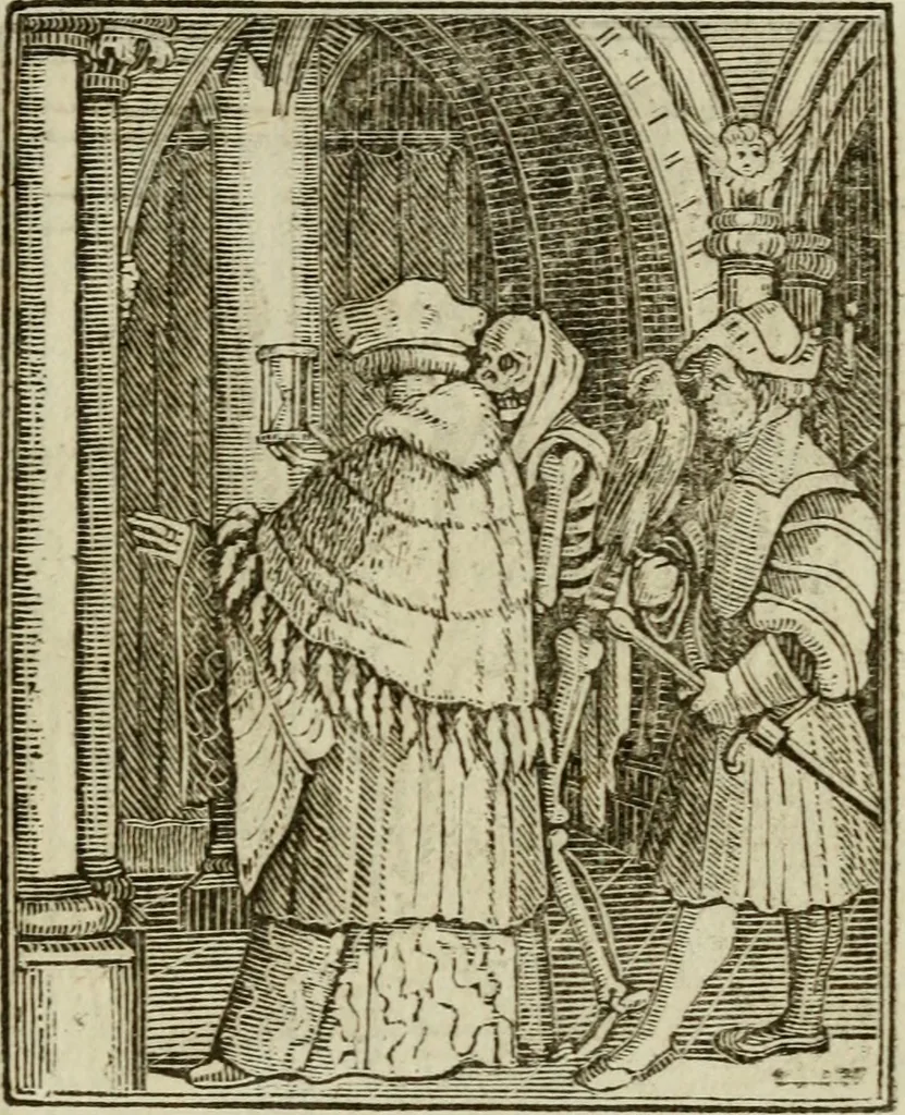 An illustration from Emblems of mortality : representing, in upwards of fifty cuts, Death seizing all ranks and degrees of people : imitated from a painting in the cemetery of the Dominican church at Basil, in Switzerland : with an apostrophe to each, translated from the Latin and French : intended as well for the infomation of the curious, as the instruction and entertainment of youth : to which is prefixed a copious preface, containing an historical account of the above, and other paintings on this subject, now or lately existing in divers parts of Europe, 1789, leaf 56