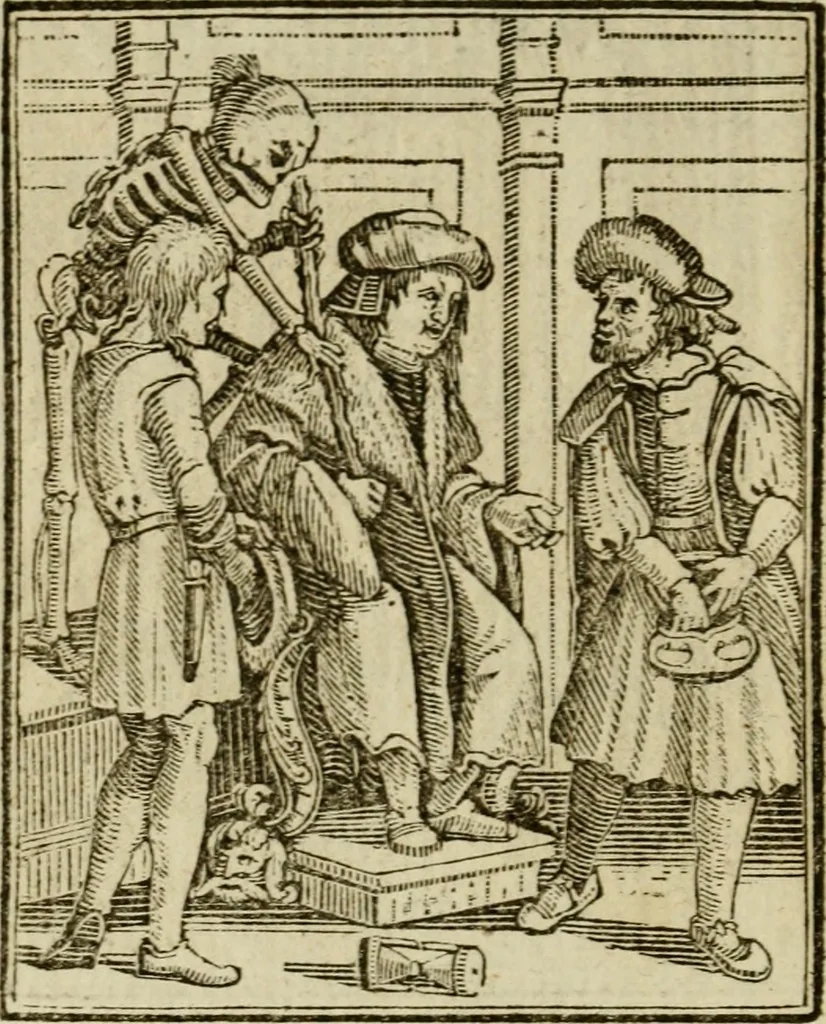 An illustration from Emblems of mortality : representing, in upwards of fifty cuts, Death seizing all ranks and degrees of people : imitated from a painting in the cemetery of the Dominican church at Basil, in Switzerland : with an apostrophe to each, translated from the Latin and French : intended as well for the infomation of the curious, as the instruction and entertainment of youth : to which is prefixed a copious preface, containing an historical account of the above, and other paintings on this subject, now or lately existing in divers parts of Europe, 1789, leaf 57