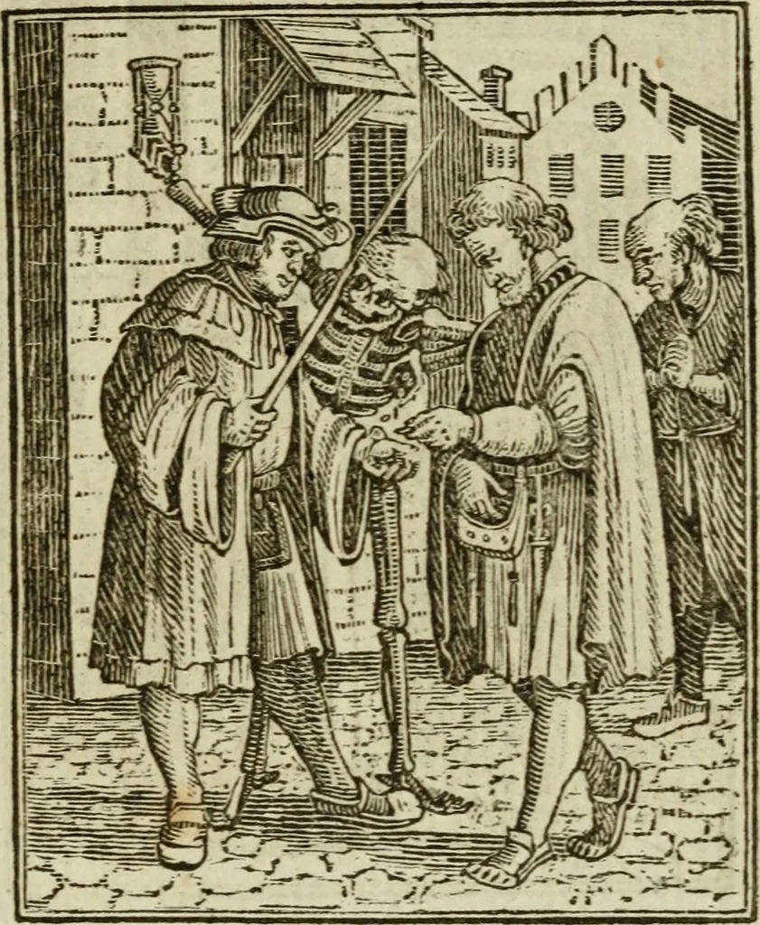 An illustration from Emblems of mortality : representing, in upwards of fifty cuts, Death seizing all ranks and degrees of people : imitated from a painting in the cemetery of the Dominican church at Basil, in Switzerland : with an apostrophe to each, translated from the Latin and French : intended as well for the infomation of the curious, as the instruction and entertainment of youth : to which is prefixed a copious preface, containing an historical account of the above, and other paintings on this subject, now or lately existing in divers parts of Europe, 1789, leaf 58