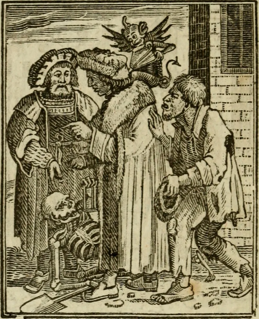 An illustration from Emblems of mortality : representing, in upwards of fifty cuts, Death seizing all ranks and degrees of people : imitated from a painting in the cemetery of the Dominican church at Basil, in Switzerland : with an apostrophe to each, translated from the Latin and French : intended as well for the infomation of the curious, as the instruction and entertainment of youth : to which is prefixed a copious preface, containing an historical account of the above, and other paintings on this subject, now or lately existing in divers parts of Europe, 1789, leaf 59