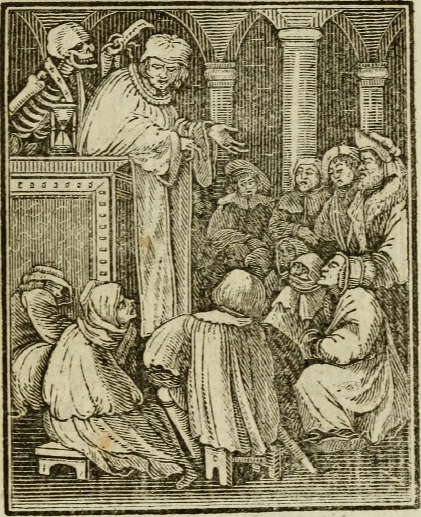 An illustration from Emblems of mortality : representing, in upwards of fifty cuts, Death seizing all ranks and degrees of people : imitated from a painting in the cemetery of the Dominican church at Basil, in Switzerland : with an apostrophe to each, translated from the Latin and French : intended as well for the infomation of the curious, as the instruction and entertainment of youth : to which is prefixed a copious preface, containing an historical account of the above, and other paintings on this subject, now or lately existing in divers parts of Europe, 1789, leaf 60