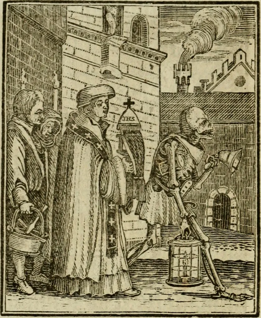 An illustration from Emblems of mortality : representing, in upwards of fifty cuts, Death seizing all ranks and degrees of people : imitated from a painting in the cemetery of the Dominican church at Basil, in Switzerland : with an apostrophe to each, translated from the Latin and French : intended as well for the infomation of the curious, as the instruction and entertainment of youth : to which is prefixed a copious preface, containing an historical account of the above, and other paintings on this subject, now or lately existing in divers parts of Europe, 1789, leaf 61