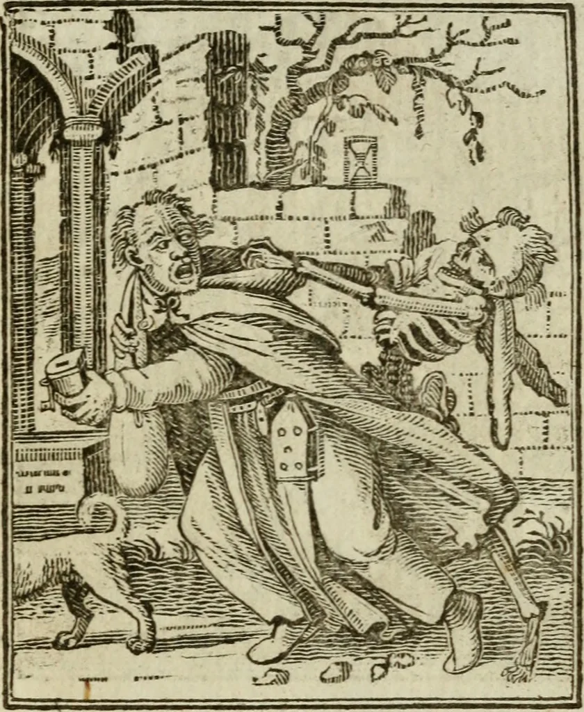 An illustration from Emblems of mortality : representing, in upwards of fifty cuts, Death seizing all ranks and degrees of people : imitated from a painting in the cemetery of the Dominican church at Basil, in Switzerland : with an apostrophe to each, translated from the Latin and French : intended as well for the infomation of the curious, as the instruction and entertainment of youth : to which is prefixed a copious preface, containing an historical account of the above, and other paintings on this subject, now or lately existing in divers parts of Europe, 1789, leaf 62