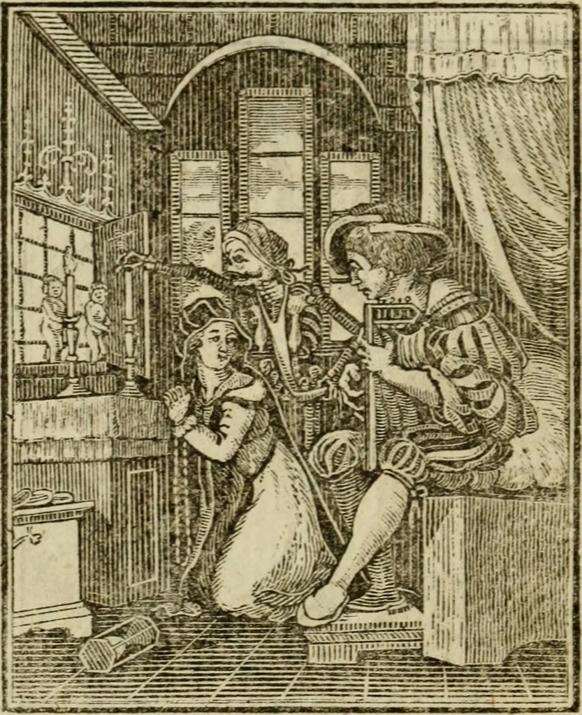 An illustration from Emblems of mortality : representing, in upwards of fifty cuts, Death seizing all ranks and degrees of people : imitated from a painting in the cemetery of the Dominican church at Basil, in Switzerland : with an apostrophe to each, translated from the Latin and French : intended as well for the infomation of the curious, as the instruction and entertainment of youth : to which is prefixed a copious preface, containing an historical account of the above, and other paintings on this subject, now or lately existing in divers parts of Europe, 1789, leaf 63