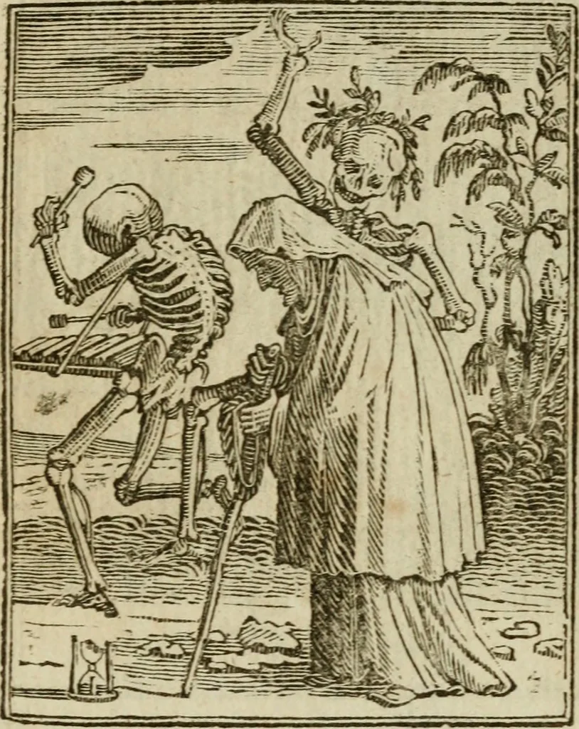 An illustration from Emblems of mortality : representing, in upwards of fifty cuts, Death seizing all ranks and degrees of people : imitated from a painting in the cemetery of the Dominican church at Basil, in Switzerland : with an apostrophe to each, translated from the Latin and French : intended as well for the infomation of the curious, as the instruction and entertainment of youth : to which is prefixed a copious preface, containing an historical account of the above, and other paintings on this subject, now or lately existing in divers parts of Europe, 1789, leaf 64