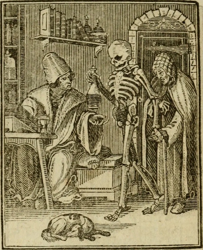An illustration from Emblems of mortality : representing, in upwards of fifty cuts, Death seizing all ranks and degrees of people : imitated from a painting in the cemetery of the Dominican church at Basil, in Switzerland : with an apostrophe to each, translated from the Latin and French : intended as well for the infomation of the curious, as the instruction and entertainment of youth : to which is prefixed a copious preface, containing an historical account of the above, and other paintings on this subject, now or lately existing in divers parts of Europe, 1789, leaf 65
