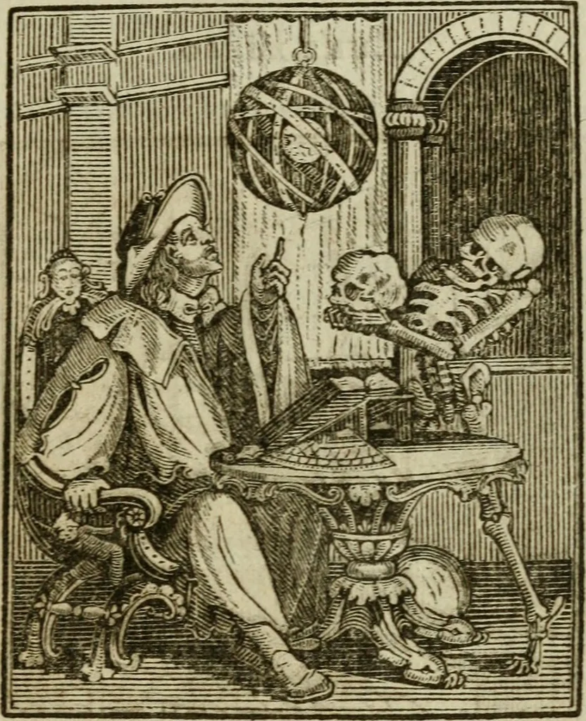 An illustration from Emblems of mortality : representing, in upwards of fifty cuts, Death seizing all ranks and degrees of people : imitated from a painting in the cemetery of the Dominican church at Basil, in Switzerland : with an apostrophe to each, translated from the Latin and French : intended as well for the infomation of the curious, as the instruction and entertainment of youth : to which is prefixed a copious preface, containing an historical account of the above, and other paintings on this subject, now or lately existing in divers parts of Europe, 1789, leaf 66