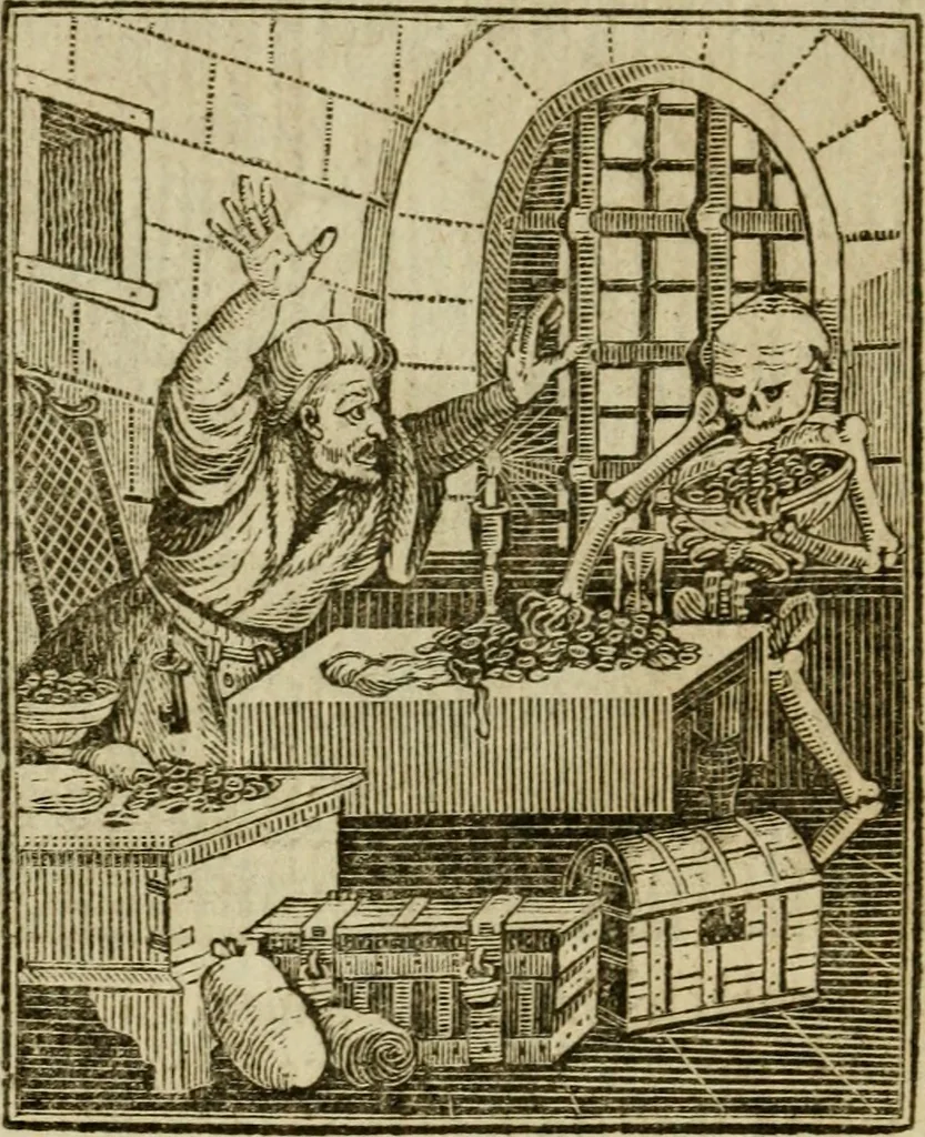 An illustration from Emblems of mortality : representing, in upwards of fifty cuts, Death seizing all ranks and degrees of people : imitated from a painting in the cemetery of the Dominican church at Basil, in Switzerland : with an apostrophe to each, translated from the Latin and French : intended as well for the infomation of the curious, as the instruction and entertainment of youth : to which is prefixed a copious preface, containing an historical account of the above, and other paintings on this subject, now or lately existing in divers parts of Europe, 1789, leaf 67