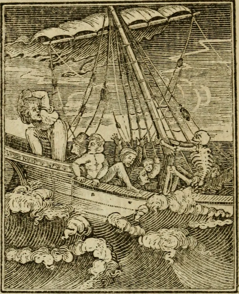 An illustration from Emblems of mortality : representing, in upwards of fifty cuts, Death seizing all ranks and degrees of people : imitated from a painting in the cemetery of the Dominican church at Basil, in Switzerland : with an apostrophe to each, translated from the Latin and French : intended as well for the infomation of the curious, as the instruction and entertainment of youth : to which is prefixed a copious preface, containing an historical account of the above, and other paintings on this subject, now or lately existing in divers parts of Europe, 1789, leaf 69