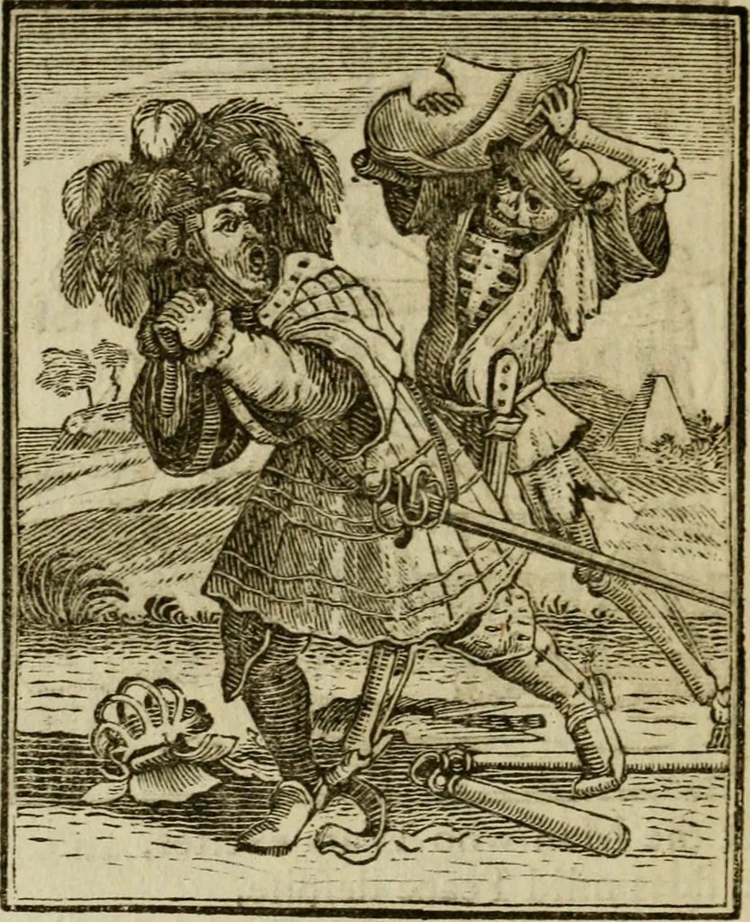 An illustration from Emblems of mortality : representing, in upwards of fifty cuts, Death seizing all ranks and degrees of people : imitated from a painting in the cemetery of the Dominican church at Basil, in Switzerland : with an apostrophe to each, translated from the Latin and French : intended as well for the infomation of the curious, as the instruction and entertainment of youth : to which is prefixed a copious preface, containing an historical account of the above, and other paintings on this subject, now or lately existing in divers parts of Europe, 1789, leaf 71
