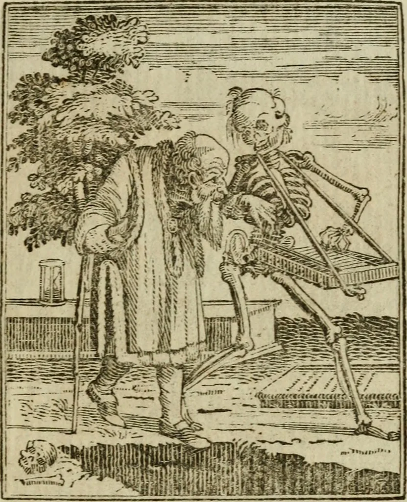 An illustration from Emblems of mortality : representing, in upwards of fifty cuts, Death seizing all ranks and degrees of people : imitated from a painting in the cemetery of the Dominican church at Basil, in Switzerland : with an apostrophe to each, translated from the Latin and French : intended as well for the infomation of the curious, as the instruction and entertainment of youth : to which is prefixed a copious preface, containing an historical account of the above, and other paintings on this subject, now or lately existing in divers parts of Europe, 1789, leaf 72