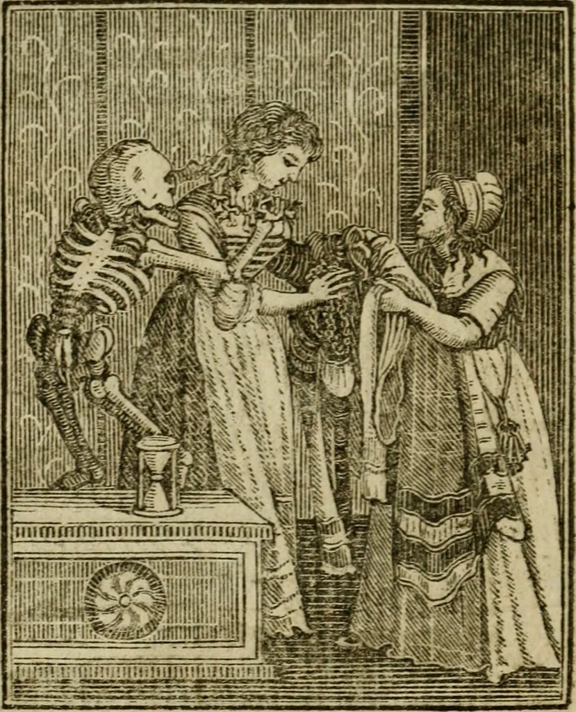An illustration from Emblems of mortality : representing, in upwards of fifty cuts, Death seizing all ranks and degrees of people : imitated from a painting in the cemetery of the Dominican church at Basil, in Switzerland : with an apostrophe to each, translated from the Latin and French : intended as well for the infomation of the curious, as the instruction and entertainment of youth : to which is prefixed a copious preface, containing an historical account of the above, and other paintings on this subject, now or lately existing in divers parts of Europe, 1789, leaf 73