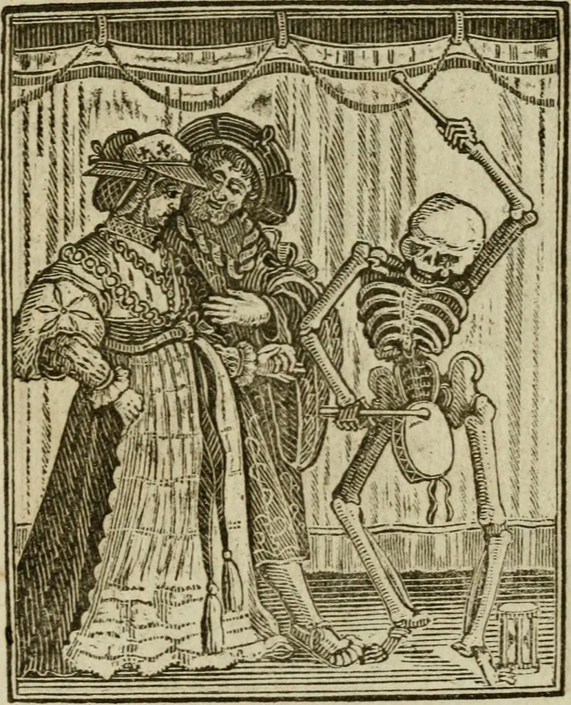 An illustration from Emblems of mortality : representing, in upwards of fifty cuts, Death seizing all ranks and degrees of people : imitated from a painting in the cemetery of the Dominican church at Basil, in Switzerland : with an apostrophe to each, translated from the Latin and French : intended as well for the infomation of the curious, as the instruction and entertainment of youth : to which is prefixed a copious preface, containing an historical account of the above, and other paintings on this subject, now or lately existing in divers parts of Europe, 1789, leaf 74