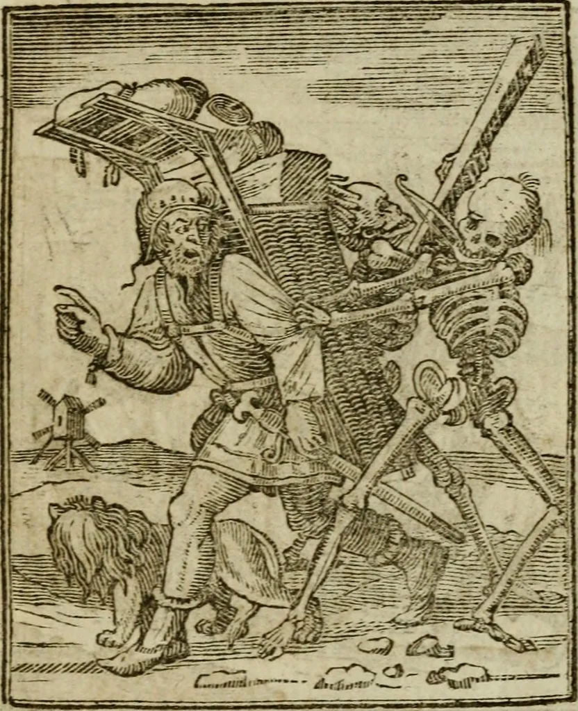 An illustration from Emblems of mortality : representing, in upwards of fifty cuts, Death seizing all ranks and degrees of people : imitated from a painting in the cemetery of the Dominican church at Basil, in Switzerland : with an apostrophe to each, translated from the Latin and French : intended as well for the infomation of the curious, as the instruction and entertainment of youth : to which is prefixed a copious preface, containing an historical account of the above, and other paintings on this subject, now or lately existing in divers parts of Europe, 1789, leaf 76