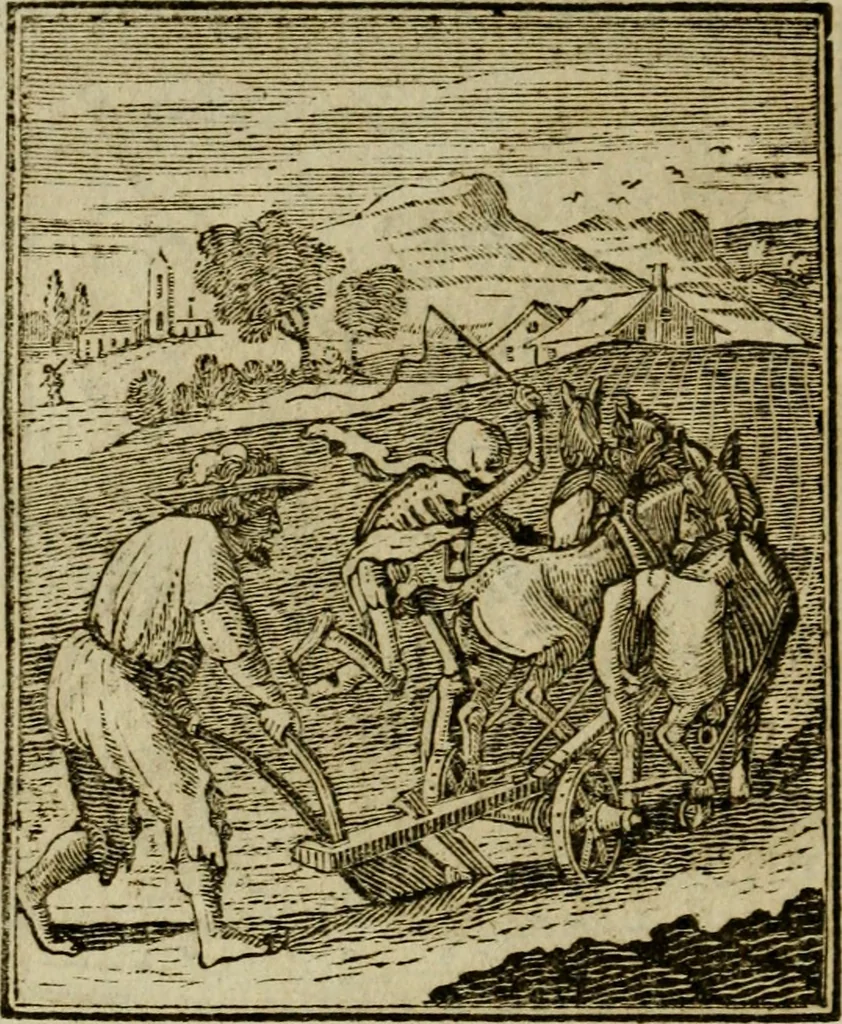An illustration from Emblems of mortality : representing, in upwards of fifty cuts, Death seizing all ranks and degrees of people : imitated from a painting in the cemetery of the Dominican church at Basil, in Switzerland : with an apostrophe to each, translated from the Latin and French : intended as well for the infomation of the curious, as the instruction and entertainment of youth : to which is prefixed a copious preface, containing an historical account of the above, and other paintings on this subject, now or lately existing in divers parts of Europe, 1789, leaf 77
