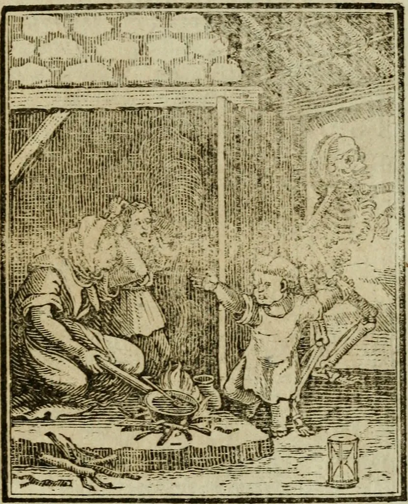 An illustration from Emblems of mortality : representing, in upwards of fifty cuts, Death seizing all ranks and degrees of people : imitated from a painting in the cemetery of the Dominican church at Basil, in Switzerland : with an apostrophe to each, translated from the Latin and French : intended as well for the infomation of the curious, as the instruction and entertainment of youth : to which is prefixed a copious preface, containing an historical account of the above, and other paintings on this subject, now or lately existing in divers parts of Europe, 1789, leaf 78