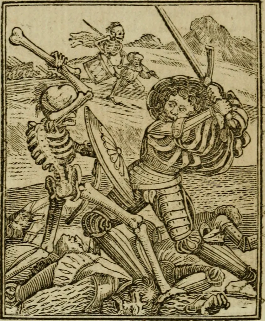 An illustration from Emblems of mortality : representing, in upwards of fifty cuts, Death seizing all ranks and degrees of people : imitated from a painting in the cemetery of the Dominican church at Basil, in Switzerland : with an apostrophe to each, translated from the Latin and French : intended as well for the infomation of the curious, as the instruction and entertainment of youth : to which is prefixed a copious preface, containing an historical account of the above, and other paintings on this subject, now or lately existing in divers parts of Europe, 1789, leaf 79