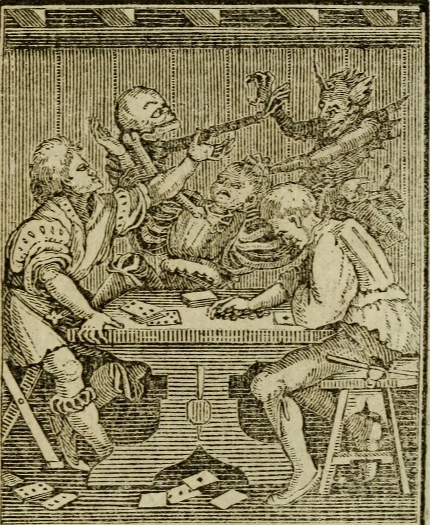 An illustration from Emblems of mortality : representing, in upwards of fifty cuts, Death seizing all ranks and degrees of people : imitated from a painting in the cemetery of the Dominican church at Basil, in Switzerland : with an apostrophe to each, translated from the Latin and French : intended as well for the infomation of the curious, as the instruction and entertainment of youth : to which is prefixed a copious preface, containing an historical account of the above, and other paintings on this subject, now or lately existing in divers parts of Europe, 1789, leaf 80
