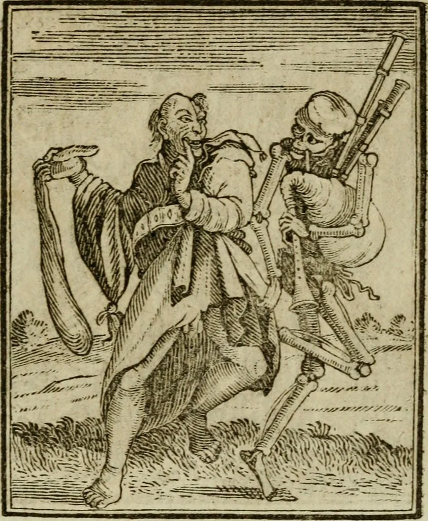 An illustration from Emblems of mortality : representing, in upwards of fifty cuts, Death seizing all ranks and degrees of people : imitated from a painting in the cemetery of the Dominican church at Basil, in Switzerland : with an apostrophe to each, translated from the Latin and French : intended as well for the infomation of the curious, as the instruction and entertainment of youth : to which is prefixed a copious preface, containing an historical account of the above, and other paintings on this subject, now or lately existing in divers parts of Europe, 1789, leaf 82