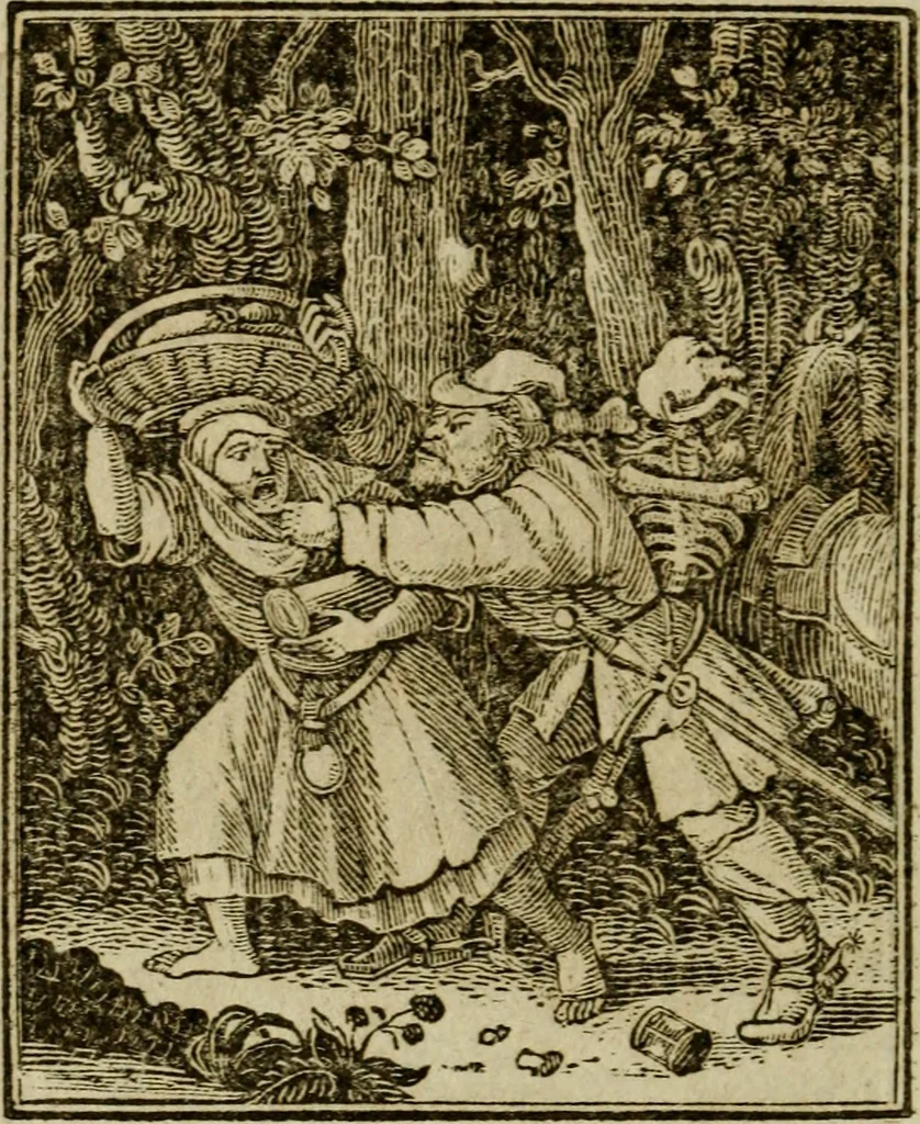 An illustration from Emblems of mortality : representing, in upwards of fifty cuts, Death seizing all ranks and degrees of people : imitated from a painting in the cemetery of the Dominican church at Basil, in Switzerland : with an apostrophe to each, translated from the Latin and French : intended as well for the infomation of the curious, as the instruction and entertainment of youth : to which is prefixed a copious preface, containing an historical account of the above, and other paintings on this subject, now or lately existing in divers parts of Europe, 1789, leaf 83