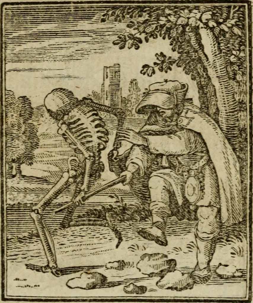 An illustration from Emblems of mortality : representing, in upwards of fifty cuts, Death seizing all ranks and degrees of people : imitated from a painting in the cemetery of the Dominican church at Basil, in Switzerland : with an apostrophe to each, translated from the Latin and French : intended as well for the infomation of the curious, as the instruction and entertainment of youth : to which is prefixed a copious preface, containing an historical account of the above, and other paintings on this subject, now or lately existing in divers parts of Europe, 1789, leaf 84
