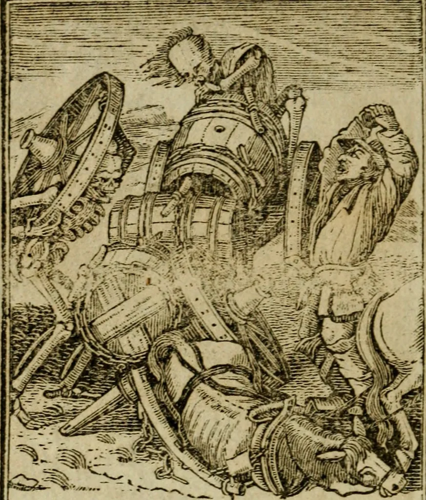An illustration from Emblems of mortality : representing, in upwards of fifty cuts, Death seizing all ranks and degrees of people : imitated from a painting in the cemetery of the Dominican church at Basil, in Switzerland : with an apostrophe to each, translated from the Latin and French : intended as well for the infomation of the curious, as the instruction and entertainment of youth : to which is prefixed a copious preface, containing an historical account of the above, and other paintings on this subject, now or lately existing in divers parts of Europe, 1789, leaf 85