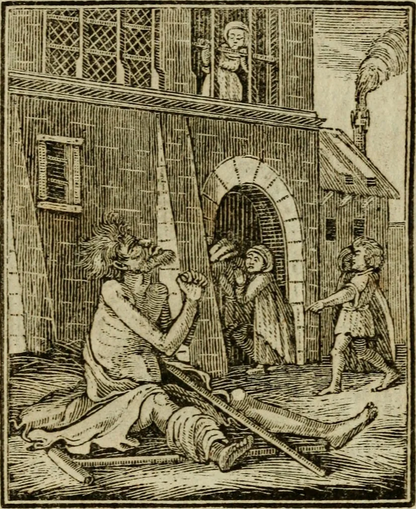 An illustration from Emblems of mortality : representing, in upwards of fifty cuts, Death seizing all ranks and degrees of people : imitated from a painting in the cemetery of the Dominican church at Basil, in Switzerland : with an apostrophe to each, translated from the Latin and French : intended as well for the infomation of the curious, as the instruction and entertainment of youth : to which is prefixed a copious preface, containing an historical account of the above, and other paintings on this subject, now or lately existing in divers parts of Europe, 1789, leaf 86