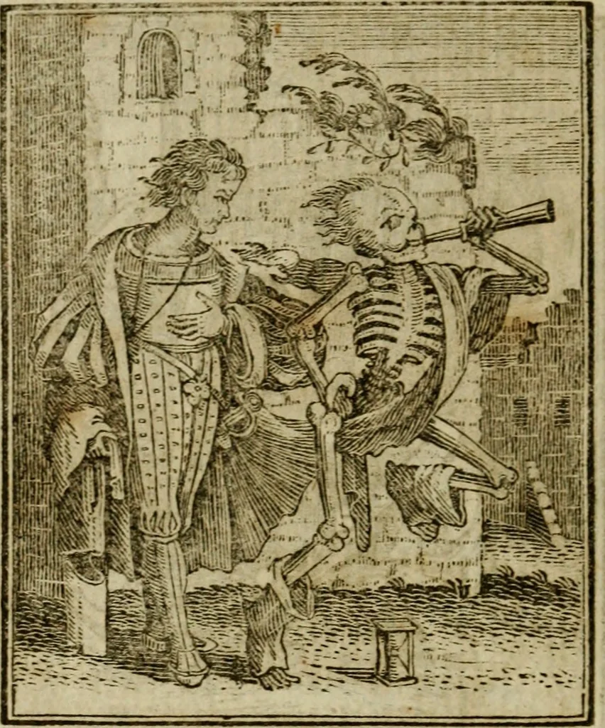 An illustration from Emblems of mortality : representing, in upwards of fifty cuts, Death seizing all ranks and degrees of people : imitated from a painting in the cemetery of the Dominican church at Basil, in Switzerland : with an apostrophe to each, translated from the Latin and French : intended as well for the infomation of the curious, as the instruction and entertainment of youth : to which is prefixed a copious preface, containing an historical account of the above, and other paintings on this subject, now or lately existing in divers parts of Europe, 1789, leaf 87