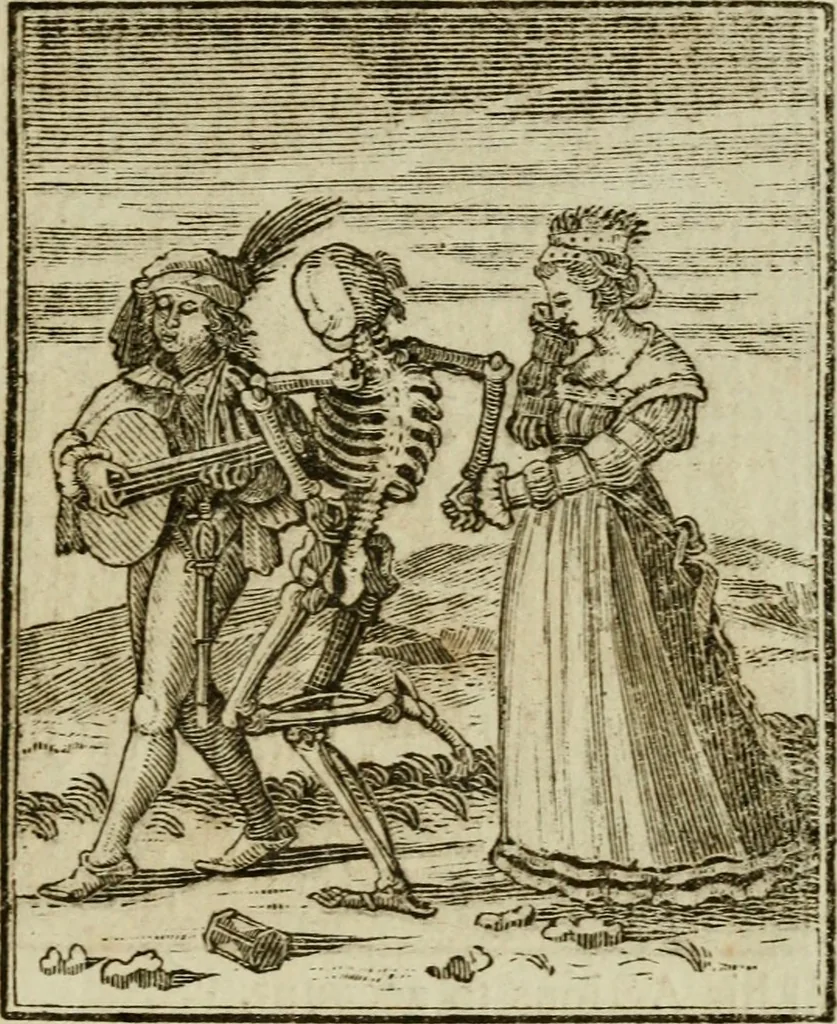 An illustration from Emblems of mortality : representing, in upwards of fifty cuts, Death seizing all ranks and degrees of people : imitated from a painting in the cemetery of the Dominican church at Basil, in Switzerland : with an apostrophe to each, translated from the Latin and French : intended as well for the infomation of the curious, as the instruction and entertainment of youth : to which is prefixed a copious preface, containing an historical account of the above, and other paintings on this subject, now or lately existing in divers parts of Europe, 1789, leaf 88