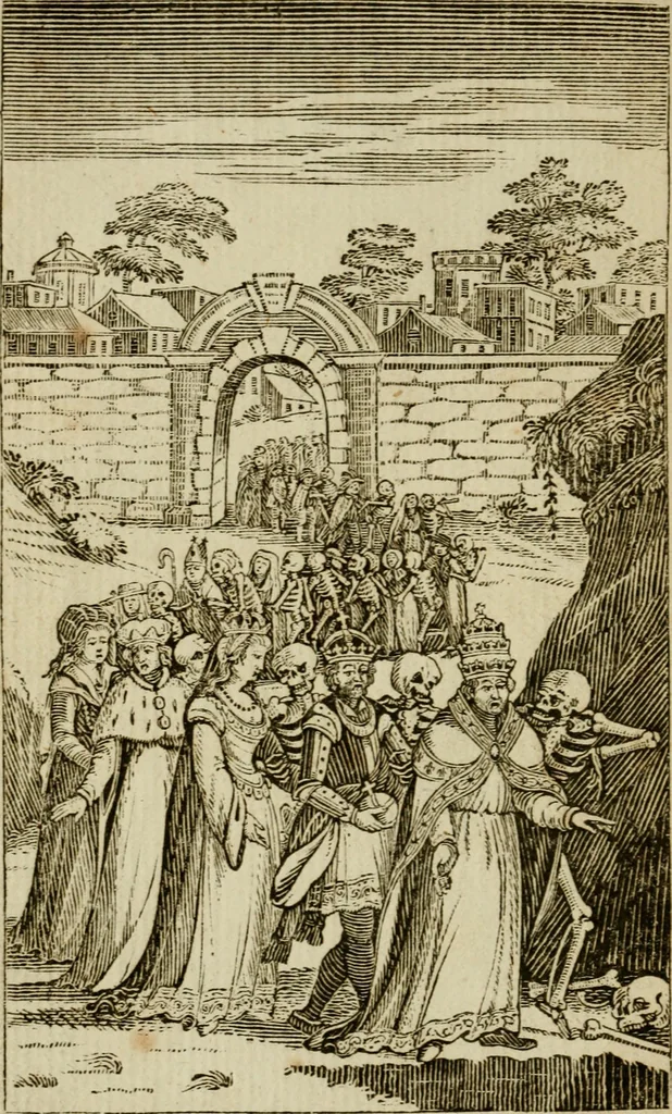 An illustration from Emblems of mortality : representing, in upwards of fifty cuts, Death seizing all ranks and degrees of people : imitated from a painting in the cemetery of the Dominican church at Basil, in Switzerland : with an apostrophe to each, translated from the Latin and French : intended as well for the infomation of the curious, as the instruction and entertainment of youth : to which is prefixed a copious preface, containing an historical account of the above, and other paintings on this subject, now or lately existing in divers parts of Europe, 1789, leaf 9