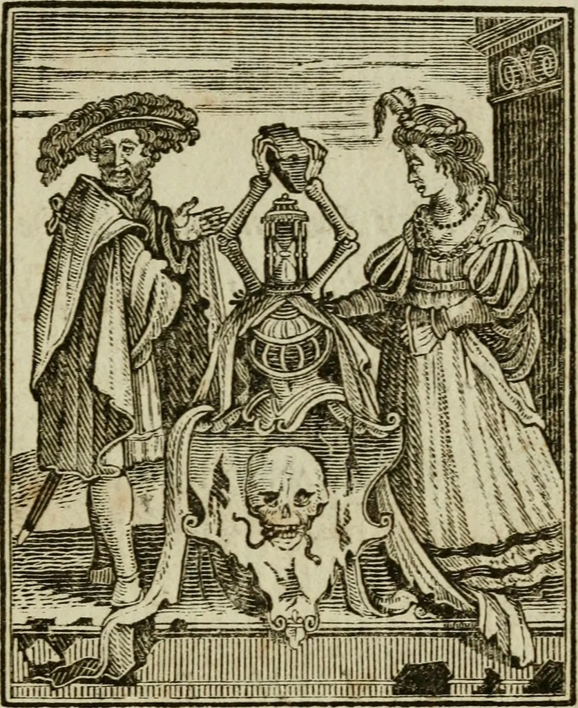 An illustration from Emblems of mortality : representing, in upwards of fifty cuts, Death seizing all ranks and degrees of people : imitated from a painting in the cemetery of the Dominican church at Basil, in Switzerland : with an apostrophe to each, translated from the Latin and French : intended as well for the infomation of the curious, as the instruction and entertainment of youth : to which is prefixed a copious preface, containing an historical account of the above, and other paintings on this subject, now or lately existing in divers parts of Europe, 1789, leaf 90