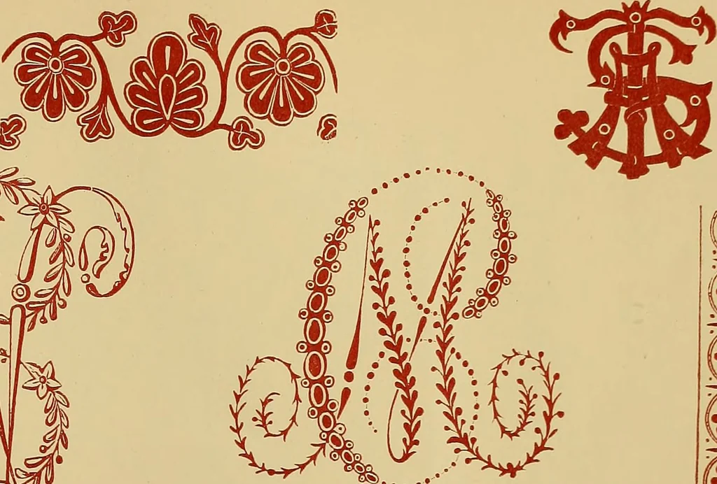 An illustration from The embroiderer's book of design : containing initials, emblems, cyphers, monograms, ornamental borders, ecclesiastical devices, mediæval and modern alphabets, and national emblems, 1891, leaf 16