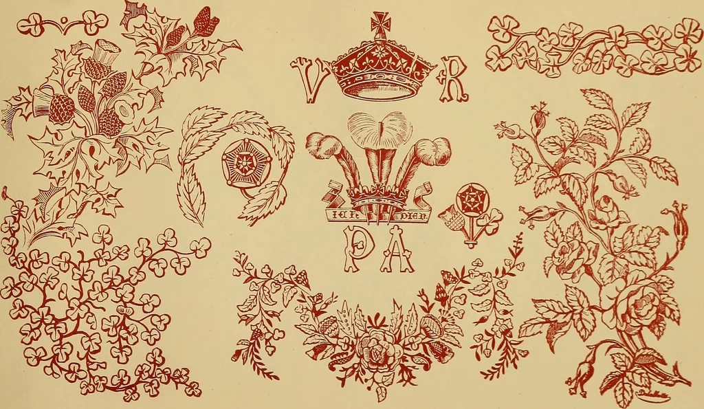 An illustration from The embroiderer's book of design : containing initials, emblems, cyphers, monograms, ornamental borders, ecclesiastical devices, mediæval and modern alphabets, and national emblems, 1891, leaf 44