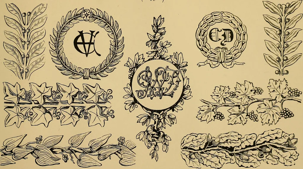 An illustration from The embroiderer's book of design : containing initials, emblems, cyphers, monograms, ornamental borders, ecclesiastical devices, mediæval and modern alphabets, and national emblems, 1891, leaf 46