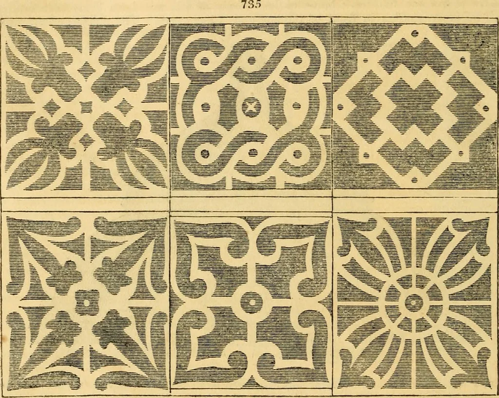 An illustration from An encyclopædia of cottage, farm, and villa architecture and furniture : containing numerous designs for dwellings from the cottage to the villa including farm houses, farmeries, and other agricultural buildings, several designs for country inns, public houses, and parochial schools, with the requisite fittings-up fixtures and furniture ; and appropriate offices, gardens and garden scenery ; each design accompanied by analytical and critical marks illustrative of the principles of archtiectural science and taste on whihc it is composed, 1836, leaf 1005